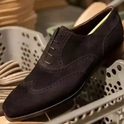 Handmade men's brown suede cowhide leather wingtip oxford lace up dress shoes