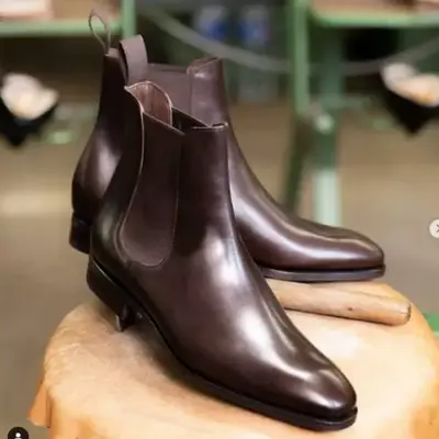 Handmade men's dark brown leather chelsea boots round toe ankle high dress shoes