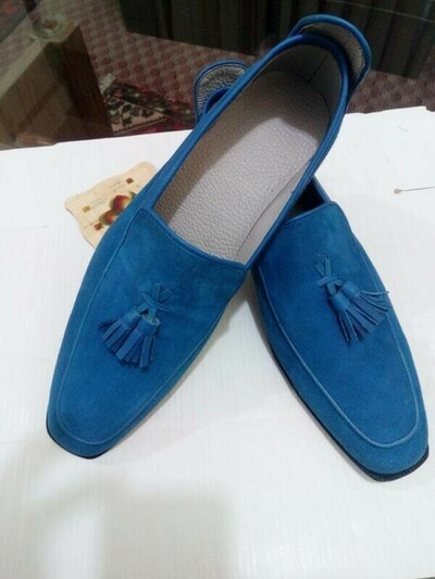 Men Handmade Genuine Suede Leather Blue Tassel Loafer Shoes