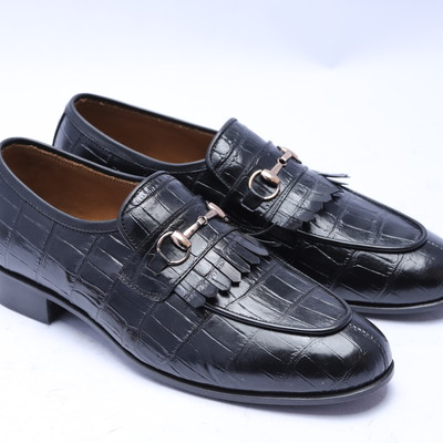 Crafted leather classic black crocodile/alligator fringes loafers dress shoes - Thumbnail 5