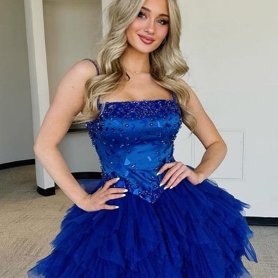 A line straps tulle  homecoming dress short prom dress - Thumbnail 2