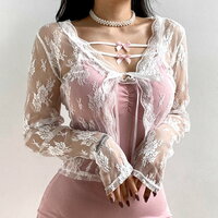 Sexy Floral Lace Jacquard Embroidery Long Sleeves Ribbons Lace-up Mesh Crop Blouse Y2K 90s Streetwear Party Nightclub Dance Amazing  - Thumbnail 5
