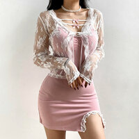 Sexy Floral Lace Jacquard Embroidery Long Sleeves Ribbons Lace-up Mesh Crop Blouse Y2K 90s Streetwear Party Nightclub Dance Amazing  - Thumbnail 7