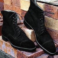 NEW Handmade Men New Black Ankle High Lace up boot, Men's Suede Cap toe Fashion - Thumbnail 1
