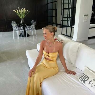 Mermaid strapless yellow silk satin evening dresses - Thumbnail 1