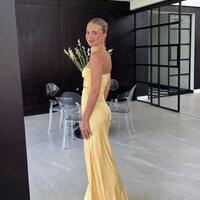 Mermaid Strapless Yellow Silk Satin Evening Dresses - Thumbnail 1