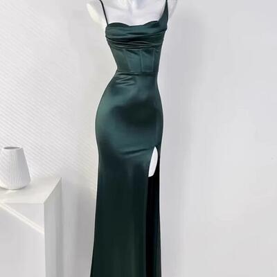 Simple floor length sleeveless green satin prom dresses - Thumbnail 3