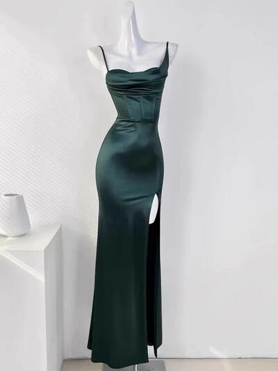 Simple Floor Length Sleeveless Green Satin Prom Dresses