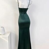 Simple Floor Length Sleeveless Green Satin Prom Dresses - Thumbnail 1