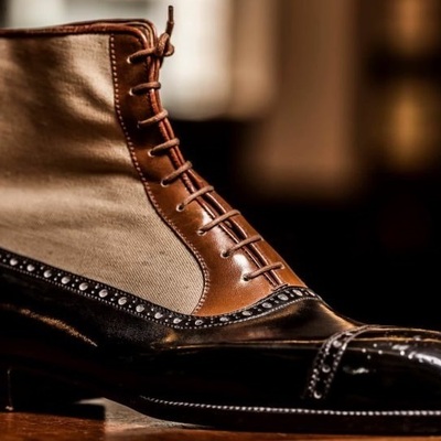 New handmade mens tan brown black fabric leather boot, men's lace up ankle high