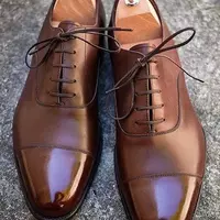 Handmade Men's Brown Genuine Leather Cap Toe Oxford Lace Up Formal Dress Shoes - Thumbnail 1