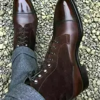 New Men's Handmade Two Tone Brown Suede & Leather Ankle High Cap Toe Men Boots - Thumbnail 4