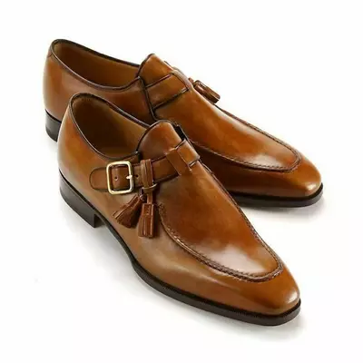 Men's handmade shoes single monk strap brown genuine leather formal wear boots