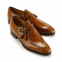 Men's Handmade Shoes Single Monk Strap Brown Genuine Leather Formal Wear Boots - Thumbnail 4