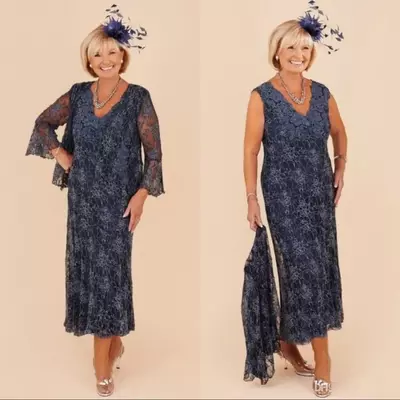  elegant sheath mother of the bride/ groom dresses with jacket v neck ankle length lace evening gowns plus size