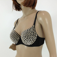 Metal Studded Bra Push Up Metallic Crop Top for Belly Dance Holloween Costume Body Jewelry - Thumbnail 2