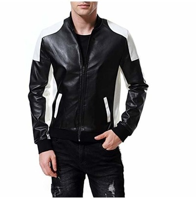 Mens Two Tone Biker Leather Jacket, Mens Leather Rib Collar Fashion Jacket