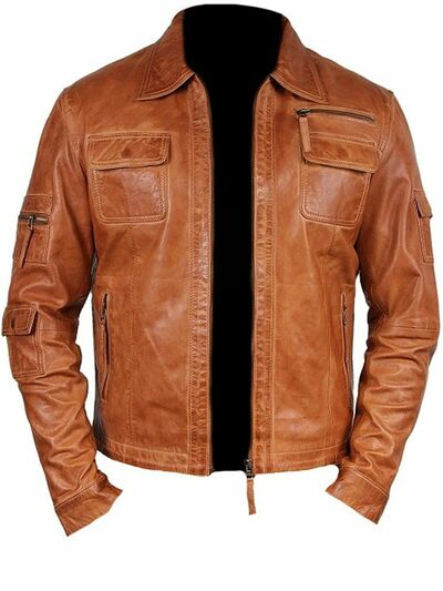 Men's handmade Fashion Lambskin Leather Tan Waxed Moto Jacket
