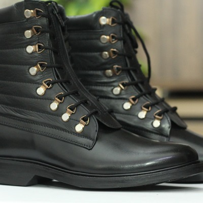 Ankle high handmade black genuine leather boot, lace up boot for men's - Thumbnail 1