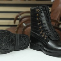 Ankle High Handmade Black Genuine Leather Boot, Lace Up Boot For Men's - Thumbnail 1