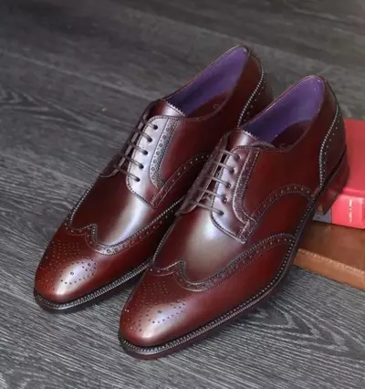 Handmade Men's Brown Cowhide Leather Wingtip Derby Lace Up Dress Formal Shoes