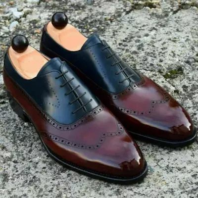New handmade men's genuine two tone leather oxford lace up wingtip dress shoes