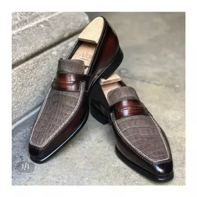 Custom handmade men's leather formal crocodile texture slip on leather shoes