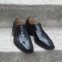Crafted Leather Classic Black Crocodile/Alligator Leather Oxford Lace up Dress Shoes - Thumbnail 4