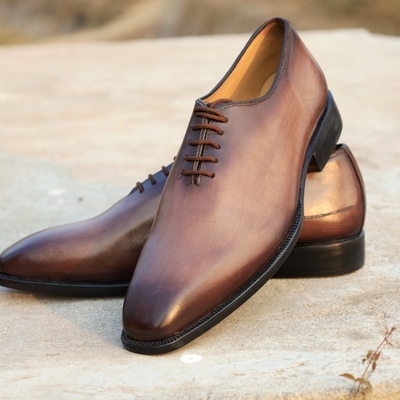 Crafted leather custom made classic brown patina leather dress shoes - Thumbnail 4