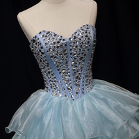 Blue Tulle Crystal Short Party Dress, A-Line Strapless Evening Party Dress - Thumbnail 1