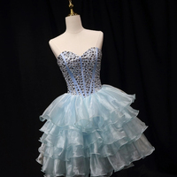 Blue Tulle Crystal Short Party Dress, A-Line Strapless Evening Party Dress - Thumbnail 3