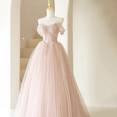 Pink tulle lace long a-line prom dress - Thumbnail 1
