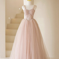 Pink Tulle Lace Long A-Line Prom Dress - Thumbnail 1