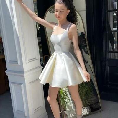 Simple elegant square neck ivory short prom dresses