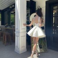 Simple Elegant Square Neck Ivory Short Prom Dresses - Thumbnail 1