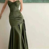 Charming Straps Green Satin Long Party Dresses  - Thumbnail 2