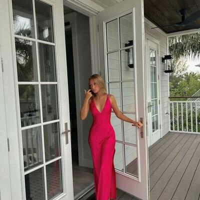 Sexy hot pink a line v neckline sleeveless prom dress