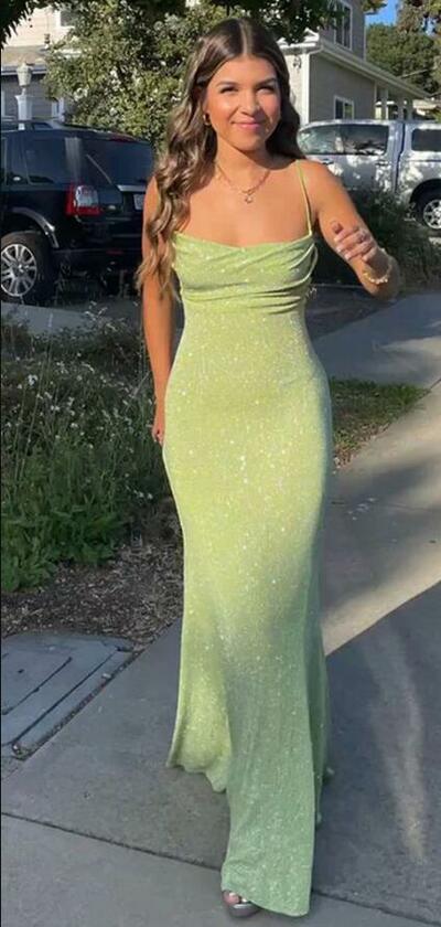 Spaghetti Straps Sparkly Sexy Long Prom Dresses 