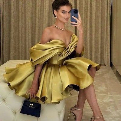 Gold homecoming dresses short off shoulder
