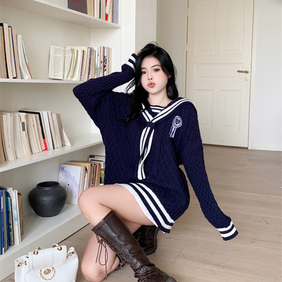 Navy stripe sailor collar sweatshirt