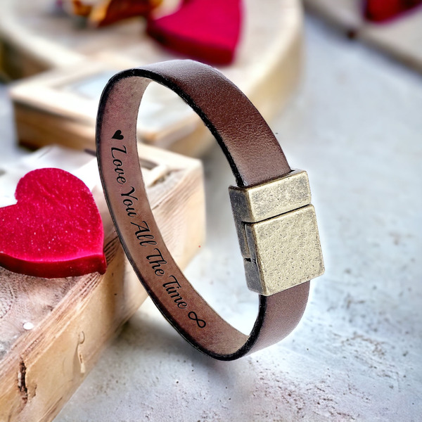 Mens Leather Bracelet - Hidden Secret Message Engraved - Personalized Bracelet for Him - Christmas Gift for Boyfriend