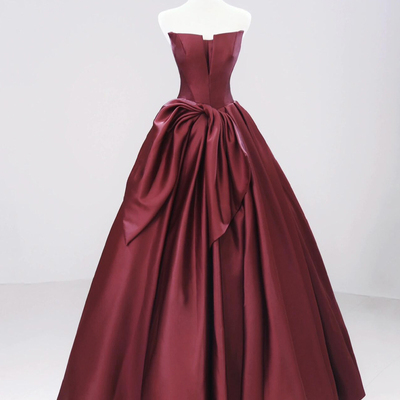 Burgundy satin long a-line prom dress - Thumbnail 2