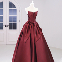 Burgundy Satin Long A-Line Prom Dress - Thumbnail 1