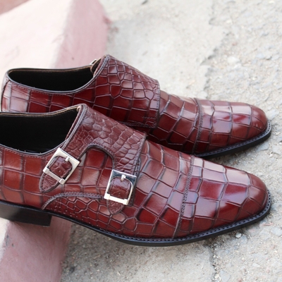 Crafted leather classic dark brown leather crocodile/alligator double monk strap dress shoes - Thumbnail 5