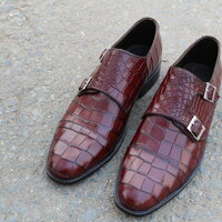 Crafted Leather Classic Dark Brown Leather Crocodile/Alligator Double Monk Strap Dress Shoes - Thumbnail 2