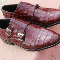 Crafted Leather Classic Dark Brown Leather Crocodile/Alligator Double Monk Strap Dress Shoes - Thumbnail 4