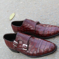Crafted Leather Classic Dark Brown Leather Crocodile/Alligator Double Monk Strap Dress Shoes - Thumbnail 5