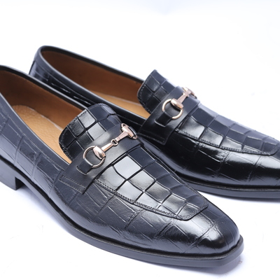 Crafted leather classic black leather crocodile/alligator moccasin loafers dress shoes - Thumbnail 4