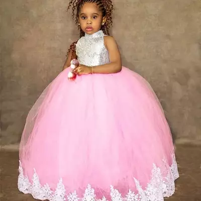 Pink lace flower girl dresses crew vintage ball gown tulle lilttle kids birthday pageant weddding gowns