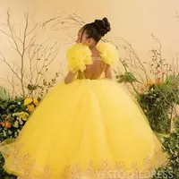  Yellow Flower Girl Dresses Girls Birthday Party Dress Long Cap Sleeves Tiered Tulle Lace Queen Princess Gowns for African Black Little Girls  - Thumbnail 1